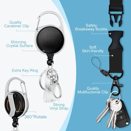 Vista 4 de Cordones negros para insignias de identificación, soporte retráctil para insignias de trabajo, cordón con soporte para tarjeta de crucero, llavero