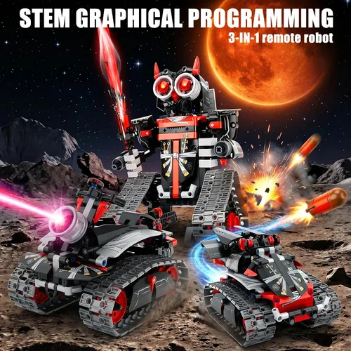Vista 13 de Kit de construcción de robot STEM, 3 en 1 juguetes robóticos controlados por control remoto y aplicación, set de bloques de construcción de robots
