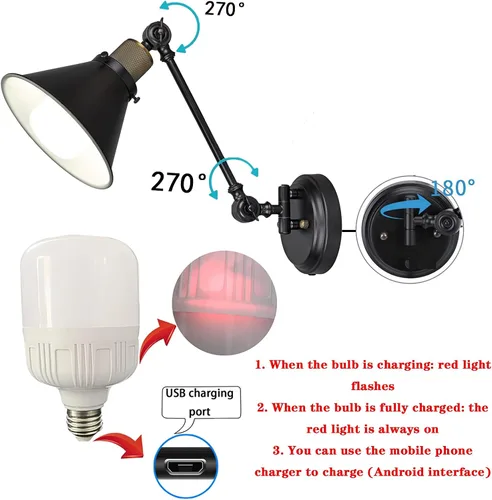 Vista 4 de Lámpara de pared con pilas, sin necesidad de cableado, iluminación de pared, con brazo oscilante, con control remoto regulable, para interiores
