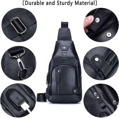 Vista 4 de BULLCAPTAIN Bolso bandolera de cuero para hombre, bolso cruzado de hombro casual, mochilas de viaje, senderismo, mochila con puerto de carga USB