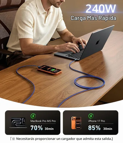 Vista 2 de Cable USB C a USB C (6 pies, paquete de 2 unidades) Cable de carga rápida de 240 W tipo C Azul
