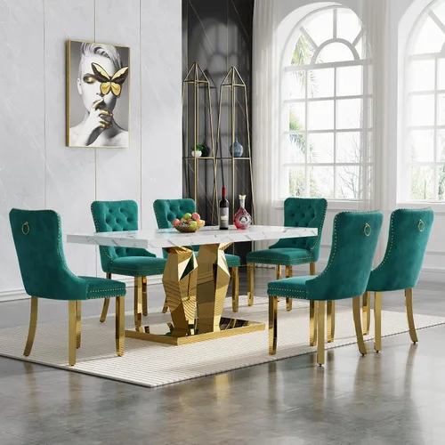 Vista 15 de Juego de 5 mesas de comedor de mármol sintético, juego de mesa de cocina y comedor para 4, mesa de comedor rectangular blanca de 70 pulgadas