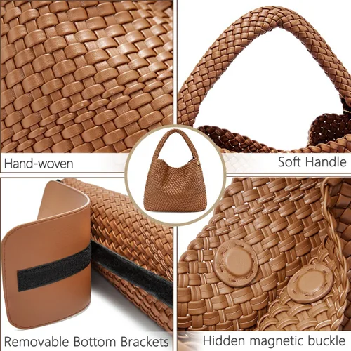Vista 3 de PS PETITE SIMONE Bolso de mano tejido para mujer, bolso grande tejido de cuero, bolso trenzado, bolso tejido color avellana