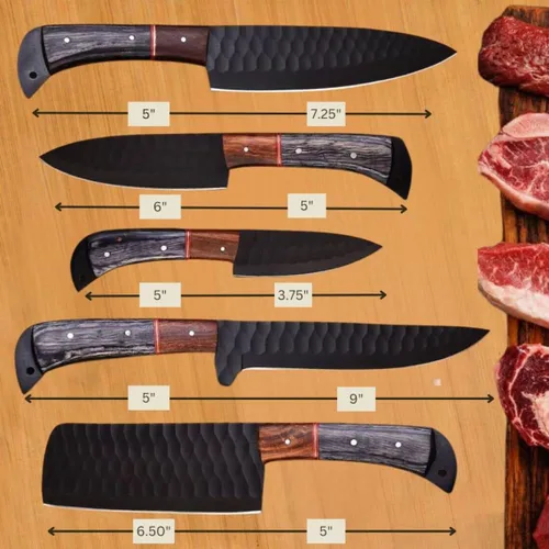 Vista 2 de Juego de cuchillos de cocina de acero de Damasco hechos a mano de 5 piezas con funda, juego de cuchillos de chef, juego de cuchillos de chef Negro