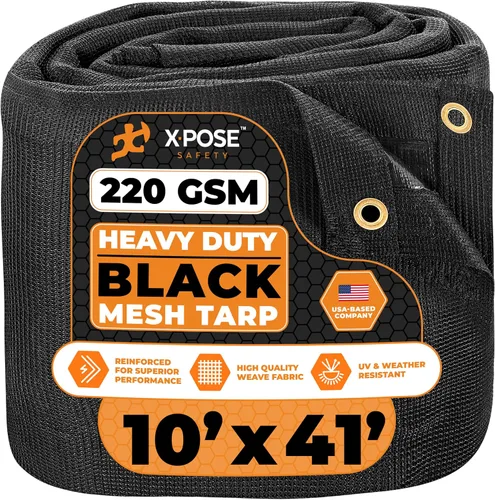 Vista 121 de Xpose Safety Lona de malla resistente, 4 x 10 pies, cubierta protectora negra multiusos con flujo de aire, uso para amarres, sombra, vallas, toldos