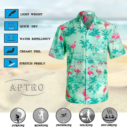 Vista 6 de APTRO Camisa hawaiana elástica en 4 direcciones para hombre camisas de playa tropicales