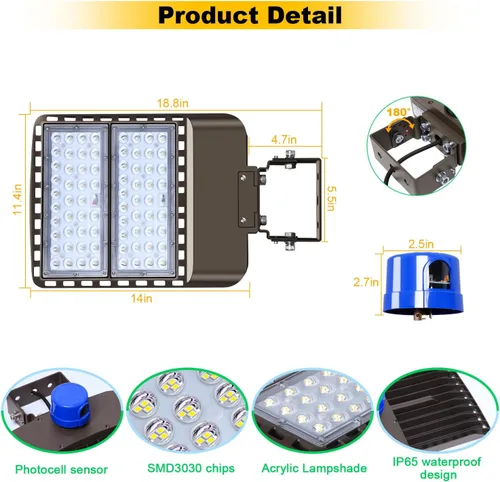 Vista 3 de Luz LED para Estacionamiento de 200W 28000LM Brillante del Anochecer al Amanecer Reflectores Exteriores con Soporte de Yugo de Pared Trunnion 5500K