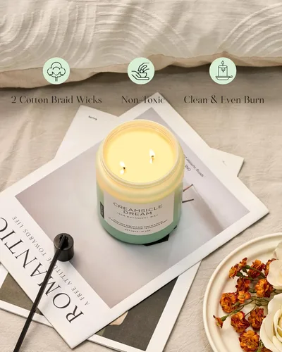 Vista 5 de M&SENSE Vela de crema naranja para renovación del hogar y aroma primaveral, vela de cera de soja de 19.4 onzas con 110 horas de tiempo