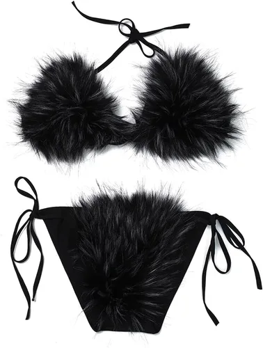 Vista 29 de ZOSCGJMY Conjunto de bikini de dos piezas de piel sintética para mujer Beige