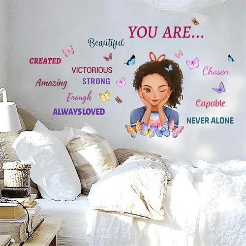 Vista 6 de Calcomanías inspiradoras de pared para niña negra, sacinora con frases motivacionales de mariposas, vinilo extraíble para despegar y pegar