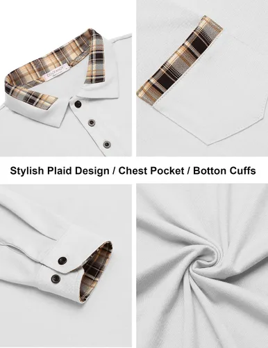 Vista 5 de COOFANDY Men's Casual Polo Shirt Long Sleeve Classic Plaid Button Tees with Pockets