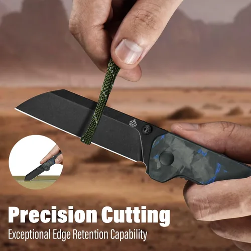 Vista 3 de QSP Penguin V2 - Cuchillo de bolsillo plegable, hoja D2 de 3.06" de lavado de piedra negra, mango G10 con superposición CF triturada azul, bloqueo