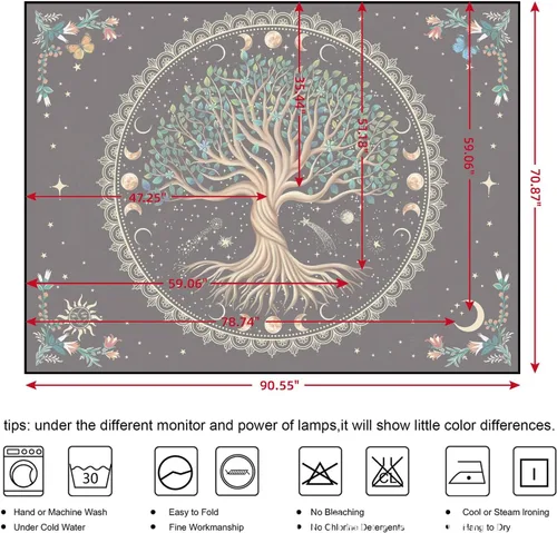 Vista 7 de Tapiz de árbol de la vida de fase lunar, naturaleza, flores, plantas, mariposas, tapices bohemios, mandala espiritual, tapiz estético para colgar