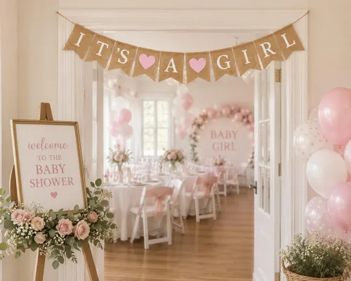 Vista 7 de Cartel de arpillera con texto en inglés "It's a Girl" para decoración de baby shower y fiesta de revelación de género (corazones rosa claro)