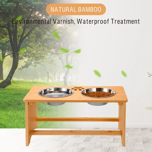 Vista 3 de Soporte elevado de bambú para perros, comedero elevado antideslizante para perros con 2 cuencos de acero inoxidable para alimentos y agua, 10