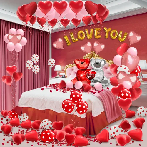 Vista 4 de Lutoys Kit de decoración de globos de San Valentín con globos "I Love You", globos de corazón con 1000 pétalos de rosa roja de seda para el día