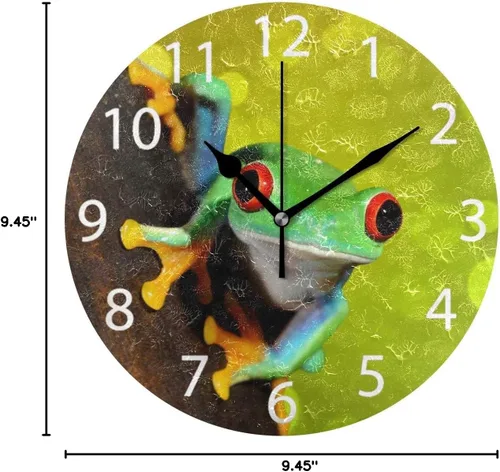Vista 8 de Reloj de pared redondo con diseño de rana de árbol de ojos rojos, pintura al óleo silenciosa sin tictac, decorativo para el hogar, oficina, escuela