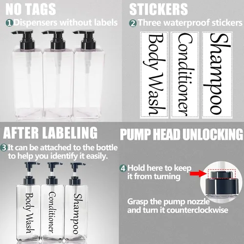 Vista 7 de Dispensador de champú y acondicionador (transparente, juego de 3, 27 onzas) - Botellas de champú y acondicionador recargables y vacías, juego