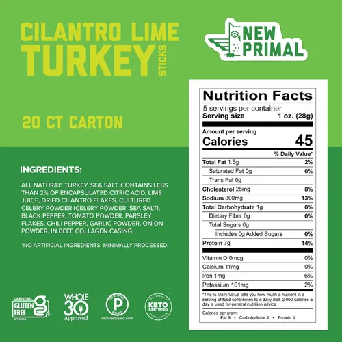 Vista 2 de The New Primal Cilantro Lime Turkey - Barra de pavo, de pavo de pastoreo, con aprobación del programa Whole30, apto para dietas paleo, cetogénica