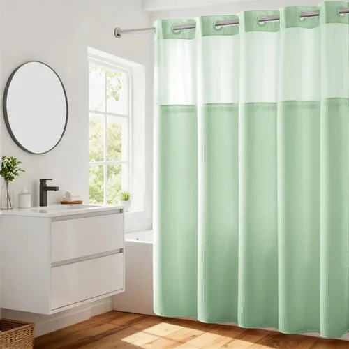 Vista 53 de Cortina de baño River Dream de gran peso sin ganchos necesarios con diseño de gofre punteado y forro a presión - 36W x 74H, de calidad hotelera