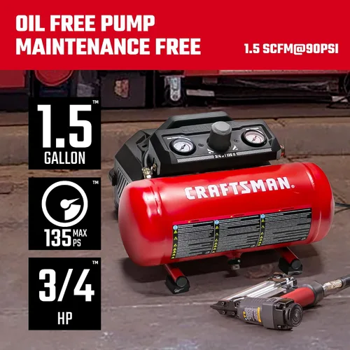 Vista 4 de Craftsman Compresor de aire, 1.5 galones 3/4 HP Max 135 PSI Presión, 1.5 CFM@90psi y 2.2 CFM@40psi, compresor portátil sin mantenimiento de acero