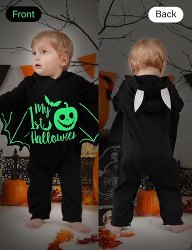 Vista 2 de Goodstoworld Disfraz de Halloween para bebé recién nacido, niño y niña, murciélago negro que brilla en la oscuridad, body de 0 a 18 meses