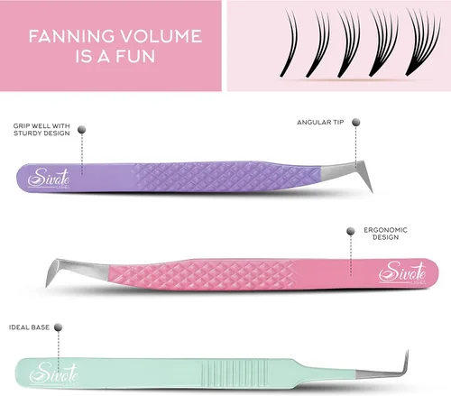 Vista 2 de SIVOTE Pinzas para extensiones de pestañas, juego de 3 – Volumen, bota de volumen, pinzas delgadas de 90 grados con puntas de fibra en colores Pastel