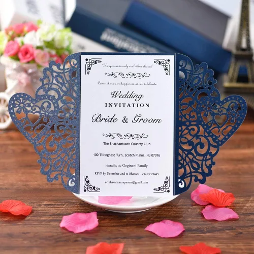 Vista 3 de FOMTOR Kit de invitaciones de boda cortadas con láser, 50 paquetes de invitaciones de boda cortadas con láser con papel imprimible en blanco y Azul