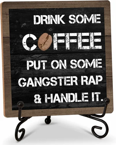 Vista 5 de Letrero de barra de café, letrero de madera de cafecito de 5 x 5 pulgadas con soporte de hierro, perfecto para decoración de mesa de oficina