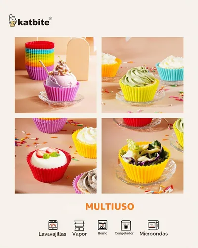 Vista 4 de Katbite Paquete de 24 forros de silicona para cupcakes, juego de forros de silicona antiadherentes para magdalenas, moldes gruesos y resistentes