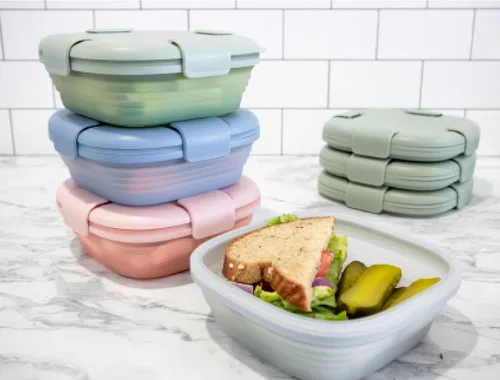 Vista 2 de STOJO Caja de sándwich plegable – 24 onzas, recipiente reutilizable para almacenamiento de alimentos, cuenco de silicona para alimentos Clavel