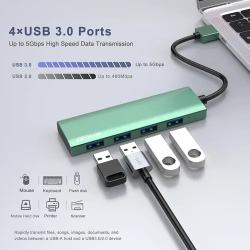 Vista 2 de Concentrador USB, Concentrador USB 3.0 de Aleación de Aluminio Ultra Delgado Divisor USB, Extensor USB Portátil de 4 Puertos, Concentrador USB