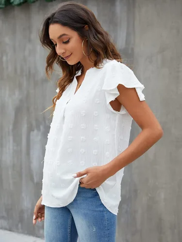 Vista 3 de Blooming Jelly Blusa blanca para mujer cuello en V manga con volantes camisas fluidas elegantes casuales lindas camisetas de verano