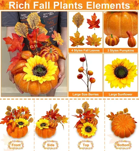 Vista 5 de Temporizador y preiluminado: decoraciones de Acción de Gracias, calabaza, calabaza artificial con hojas de arce, girasol, bayas, 20 luces LED