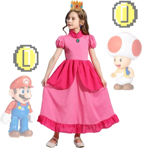 Vista 7 de Popuid Girls Princess Peach Costume Dress with Crown Gloves Wand Handbag, Funny Kids Super Bros Theme Party Halloween Outfits