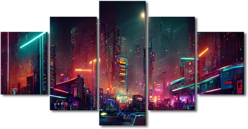 Vista 38 de Póster de 5 paneles en lienzo para decoración de pared, diseño de centro urbano Cyberpunk, impresión moderna, decoración de pared para el hogar