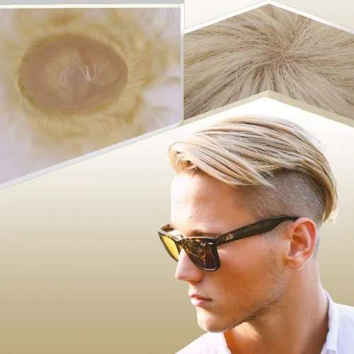 Vista 16 de Toupee para hombres sistemas de reemplazo de cabello humano real europeo para hombres, postizos finos, centro de encaje, piel más gruesa, pieza