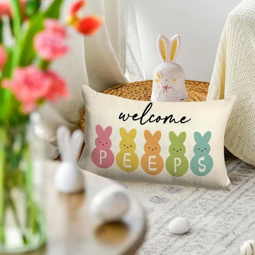 Vista 6 de GOOESING Fundas de almohada de Pascua de 12 x 20 pulgadas, funda de cojín de lino para sofá, decoración del hogar