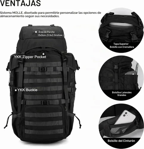Vista 3 de Mardingtop 70L Mochila con armazón interno para caza, camping, senderismo; mochila con cubierta para la lluvia
