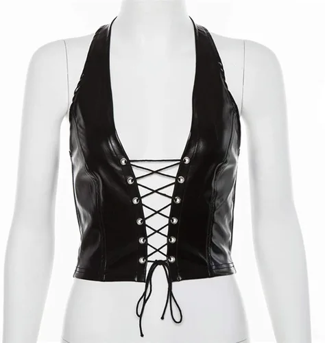 Vista 4 de FlyCC Camiseta corta de piel sintética con tirantes delgados ajustables para mujer