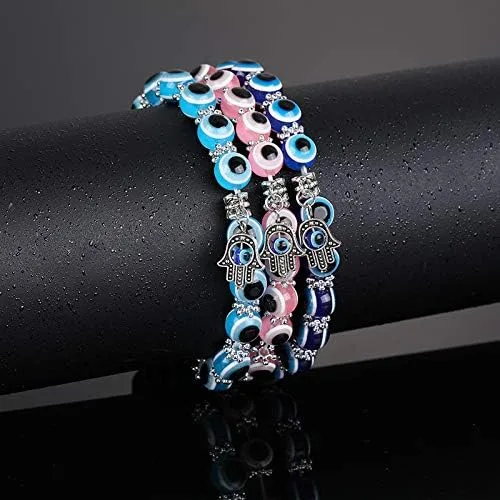 Vista 2 de 4 pulseras de cuentas contra el mal de ojo, amuleto elástico de mano Hamsa, protección de la buena suerte, joyería de Cabalá, Azul