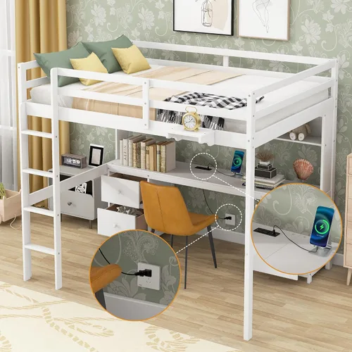 Vista 30 de Cama loft multifuncional de tamaño individual con 8 estantes de almacenamiento abiertos y escalera integrada, marco de cama de almacenamiento