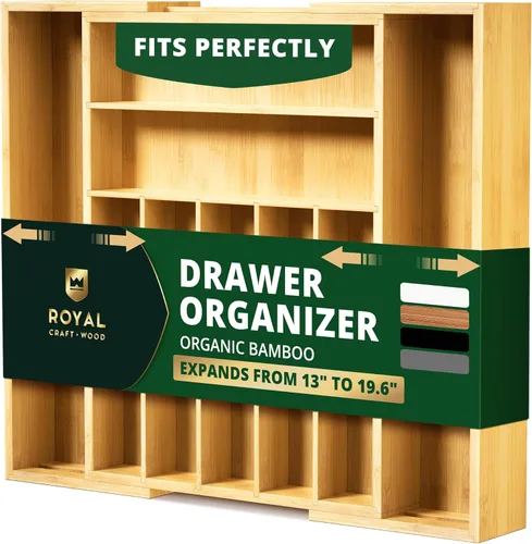 Vista 19 de ROYAL CRAFT WOOD Organizador de cajones de cocina de bambú de lujo, organizador de cubiertos, soporte para utensilios y bandeja de cubiertos