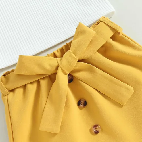 Vista 5 de Ayalinggo Conjunto de ropa para niños y niñas pequeñas, con volantes, manga acanalada, camiseta acanalada, falda acampanada, cinturón, sombrero