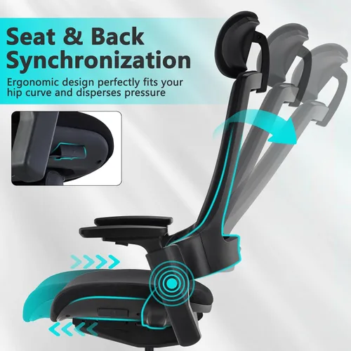 Vista 4 de CLATINA Silla ejecutiva ergonómica de alta rotación con cabeza de altura ajustable, reposabrazos 3D, soporte lumbar y respaldo tapizado para oficina