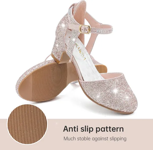 Vista 4 de Zapatos de vestir para niñas, puntera cerrada, tacones altos y gruesos, correa para el tobillo, zapatos de tacón para boda y fiesta