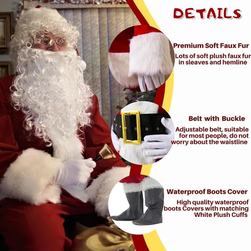 Vista 5 de Disfraz de Papá Noel para hombre 11 piezas disfraz de Papá Noel traje de terciopelo de lujo traje de fiesta para adultos