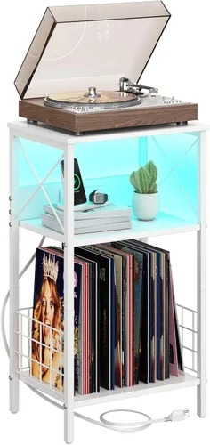 Vista 10 de Sthmec - Mesa auxiliar de 3 niveles con estación de carga, tocadiscos LED para almacenamiento de vinilo, estante de discos para álbumes, mesas Negro