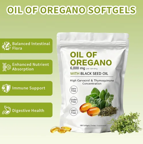 Vista 5 de Cápsulas blandas de aceite de orégano – Aceite de orégano con aceite de semilla negra de 6000 mg Aceite de orégano 2 en 1 Sin OMG – Sin gluten
