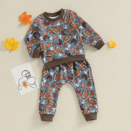 Vista 2 de Omkzanbi Conjunto de fútbol para niños pequeños, sudadera de manga larga, pantalones deportivos, 2 piezas, ropa casual para el día del juego, ropa